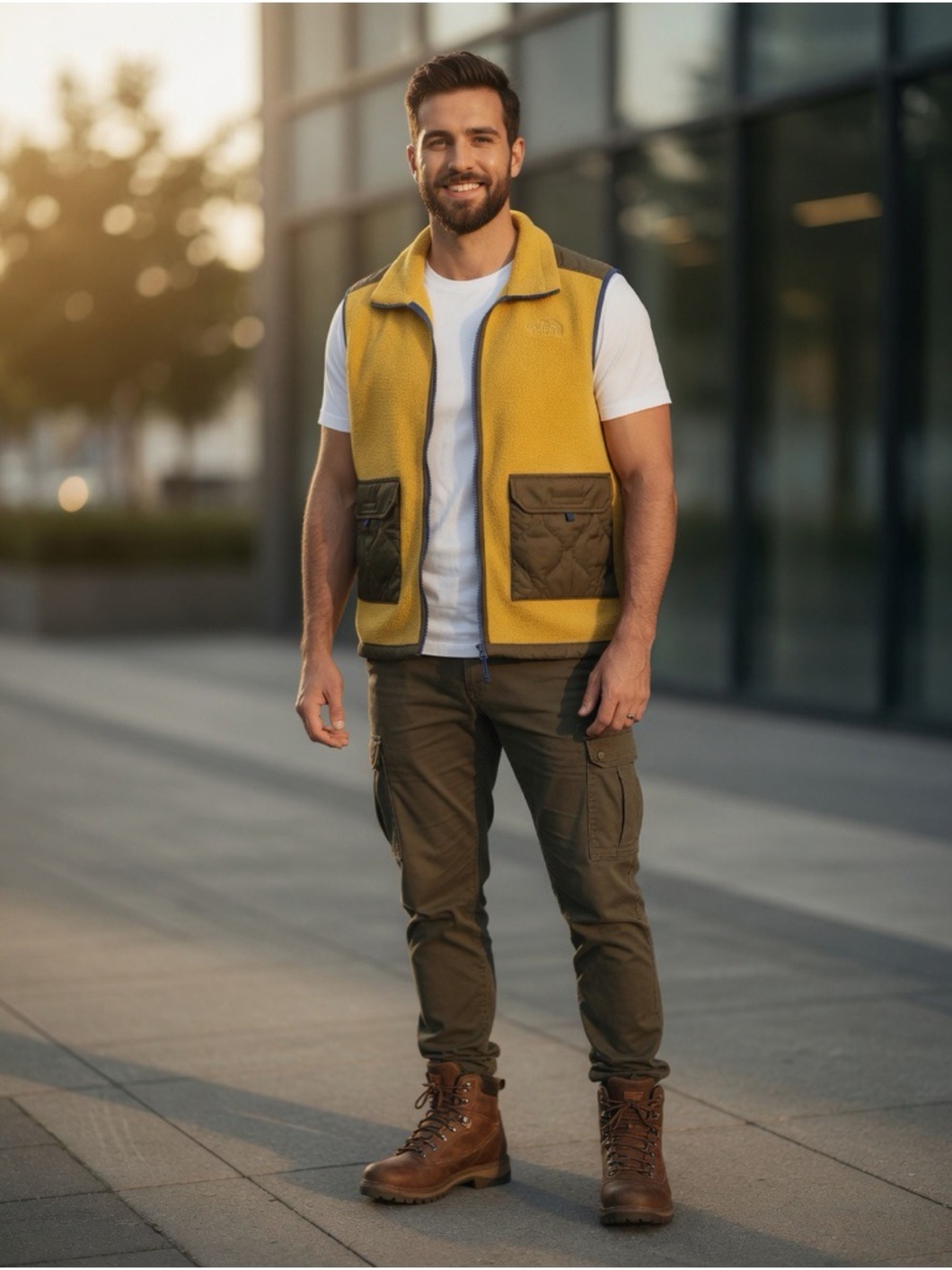 The North Face Yellow Fleece Vest with Olive Patch Pockets and Blue Trim - Picture 1 of 11